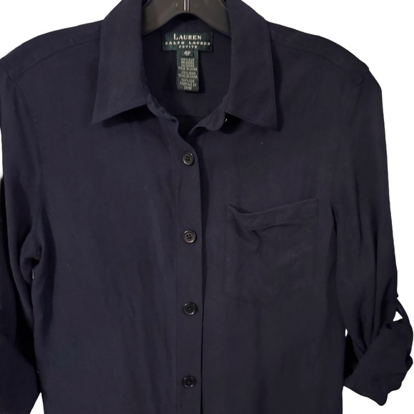 Ralph Lauren Women’s Button Up SILK Shirt Navy Blue Roll Tab Sleeves Sz 4P - Picture 2 of 9